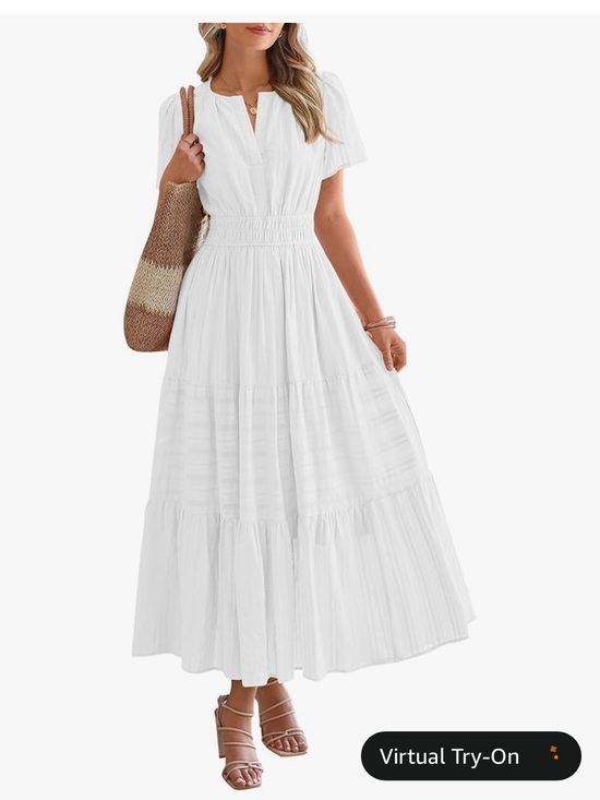 BTFBM Dresses & Skirts - Smocked-Waist White Maxi Dress with Short Sleeves, pockets